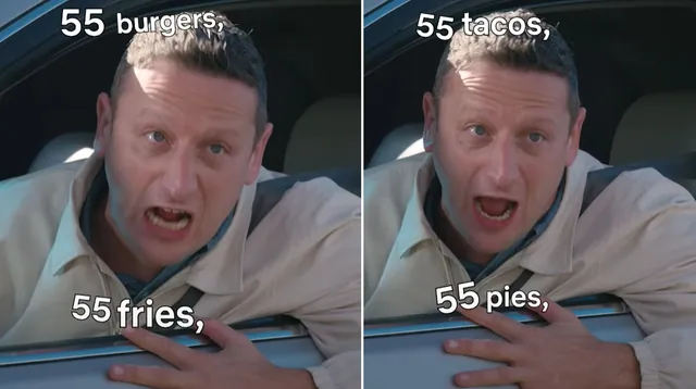 55 Burgers, 55 Fries, 55 Tacos, 55 Pies meme card