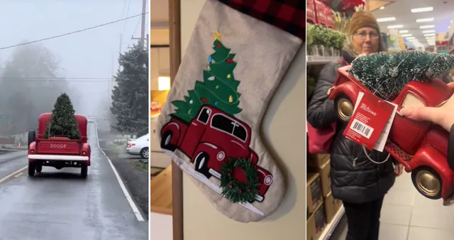 A Little Red Truck Hauling a Christmas Tree meme card