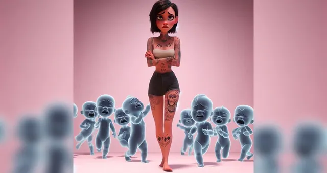 Carte meme Aborted Baby Ghosts Crying Around Tattooed Woman (Pixar AI)