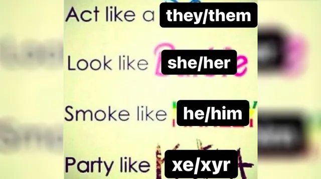 Act Like a They/Them, Look Like a She/Her, Smoke Like a He/Him, Party Like a Xe/... meme card