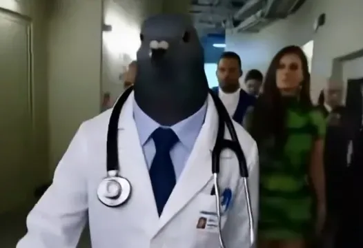 AI Pigeon Doctor Walking Down Hallway meme card