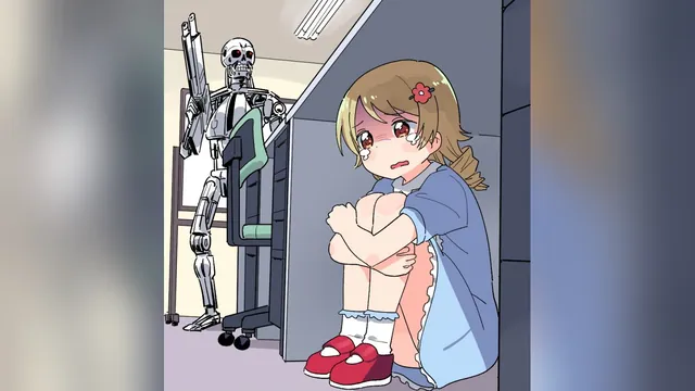 Anime Girl Hiding From a Terminator meme card