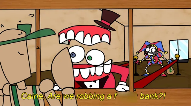 Caine and Pomni Rob a Bank meme card
