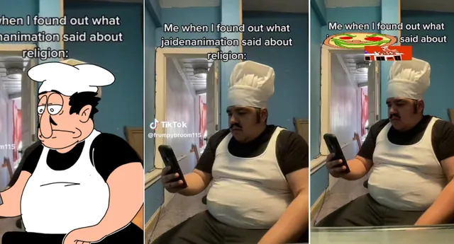 Chef Peppino Looking At Phone / Me When I Found Out What Jaidenanimation Said About Religion meme card