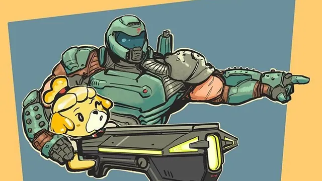 Doomguy and Isabelle meme card