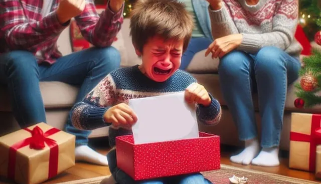 Family Laughing At Crying Child Opening Christmas Present meme card
