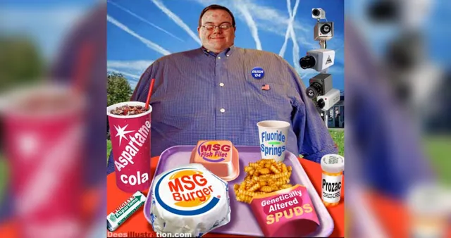 Carte meme Fat Man Eating MSG Burger, Aspartame Cola, Genetically Altered Spuds