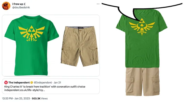 Green Zelda Shirt and Cargo Shorts meme card