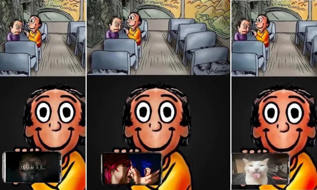 Carte meme Happy Guy On A Bus Showing Sad Guy His Phone