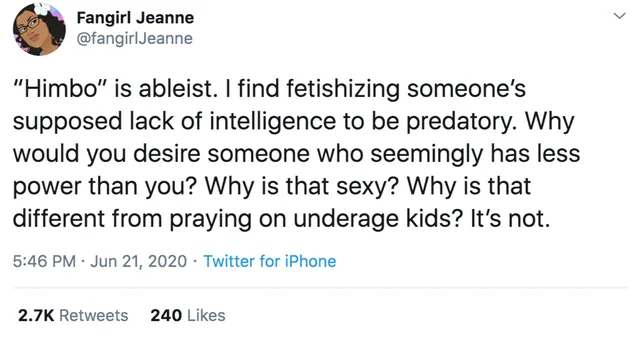 "'Himbo' Is Ableist" Tweet meme card