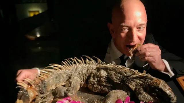 Jeff Bezos Eating an Iguana meme card