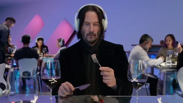 Keanu Reeves Dining in Headphones meme card