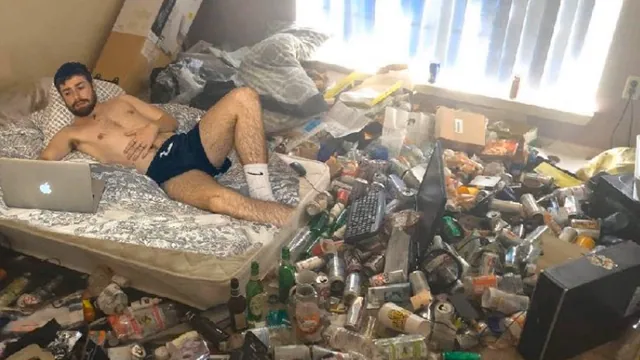 Man in Underwear Lying on Bed Surrounded By Garbage meme card