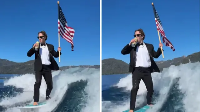 Carte meme Mark Zuckerberg Drinking and Surfing With American Flag