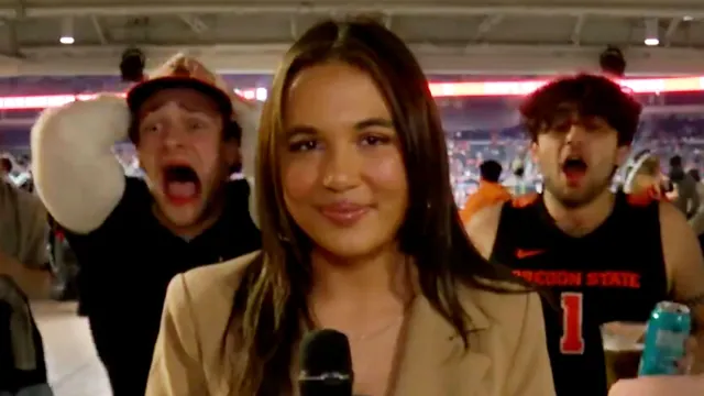 Oregon State 67 Guys Interrupting Female Reporter Olivia Cleary meme card