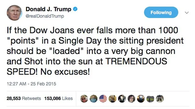 Parody Donald Trump "Dow Joans" Tweet meme card