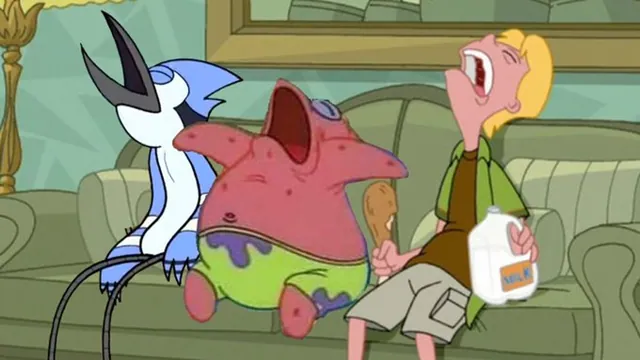 Patrick, Mordecai and Jeremy Sleeping on Couch meme card