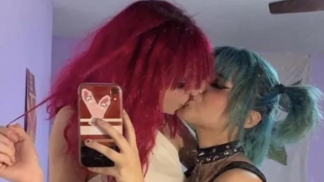 Red Hair E-Girl and Blue Hair Goth Girl Making Out Selfie meme card