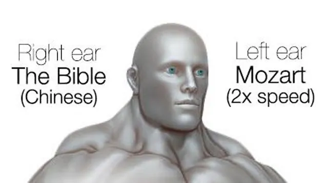 Right Ear, The Bible (Chinese), Left Ear, Mozart (2x Speed) meme card