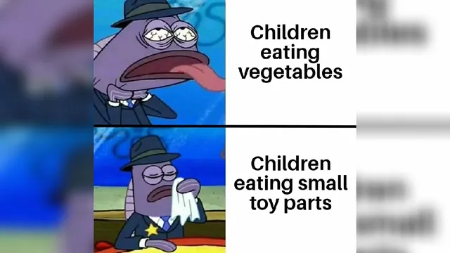 SpongeBob Health Inspector Choking vs. Wiping Mouth meme card