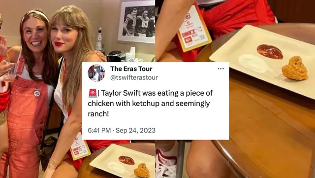 Taylor Swift Was Eating a Piece of Chicken with Ketchup and Seemingly Ranch! meme card