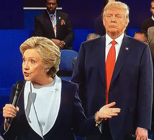 Trump Lurking Behind Clinton meme card