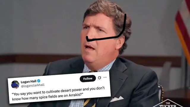 Tucker Carlson Asking "How Many People Live In Iran?" meme card