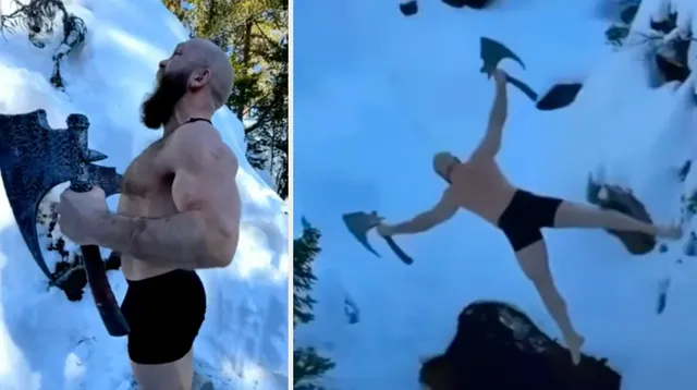 Carte meme Viking Guy With Two Battle Axes Jumping Off a Snowy Cliff