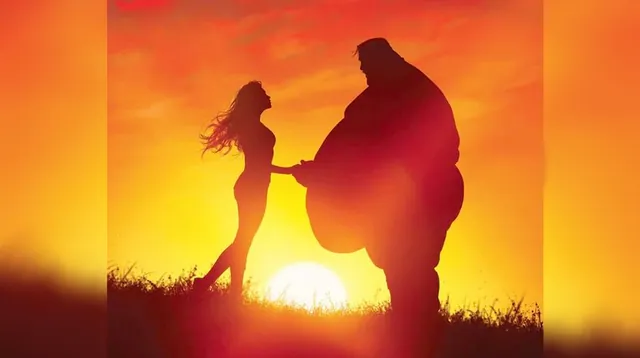 Woman and Fat Guy at Sunset meme card