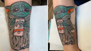 Baby Yoda Tattoo meme card, common rarity