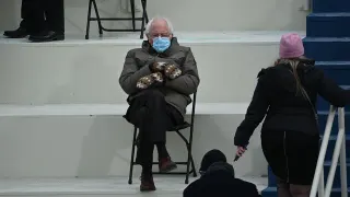 Bernie Sanders Wearing Mittens Sitting in a Chair meme card, rare rarity