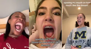Cheesecake, Apple Pie, Chocolate Chip Cookies / Open Mouth Dessert Trend meme card, common rarity