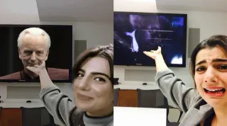 Claudia Doumit Pointing At TV meme card, common rarity