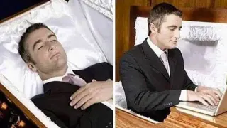 Deceased Man in Coffin Typing on a Laptop meme card, common rarity