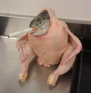 Fish Chicken Smoking a Cigarette meme card, rare rarity