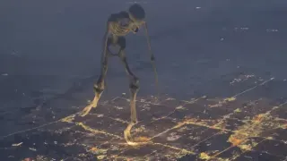 Giant Skeleton Trampling a City meme card, common rarity