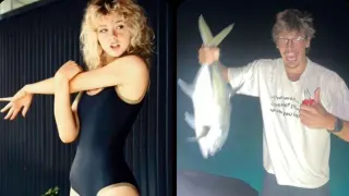 Girl Stretching and Guy Holding Fish Pose Reference meme card, common rarity