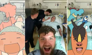 Guys Giving Middle Finger To Hospitalized Brother meme card, common rarity