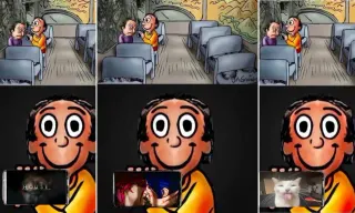 Happy Guy On A Bus Showing Sad Guy His Phone meme card, common rarity