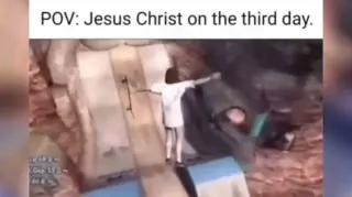 Jesus Skating in Skate 3 to Pearl Jam's "Even Flow" / Steezus Christ meme card, common rarity