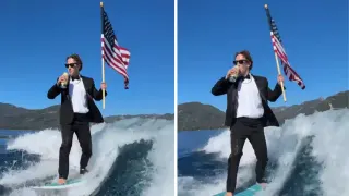 Mark Zuckerberg Drinking and Surfing With American Flag meme card, common rarity