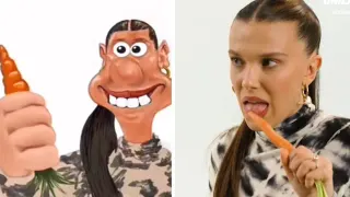 Millie Bobby Brown Eating Carrots (Wallace and Gromit Edit) meme card, common rarity
