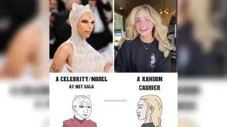 Model vs. Cashier meme card, rare rarity