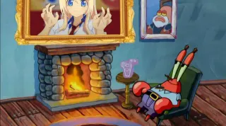 Mr. Krabs Admiring His Painting By The Fireplace meme card, common rarity