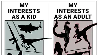 My Interests As A Kid vs. My Interests As An Adult meme card, common rarity