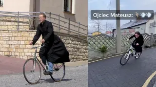 Ojciec Mateusz Riding a Bike meme card, common rarity