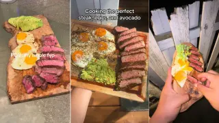 Steak, Eggs and Avocado On a Wooden Cutting Board meme card, common rarity