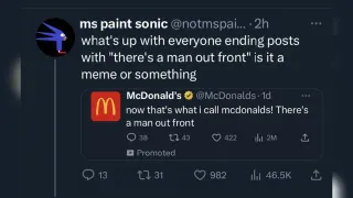 There's a Man Out Front meme card, common rarity