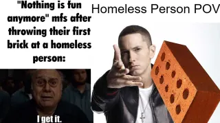 Throwing Bricks at Homeless People meme card, common rarity