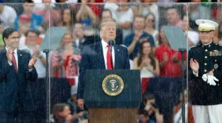 Trump Behind Bulletproof Glass meme card, common rarity